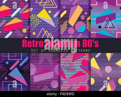 Retro futurism seamless pattern set. Geometric elements memphis in the style of 80's. Synthwave retro background. Retrowave. Vector illustration Stock Vector