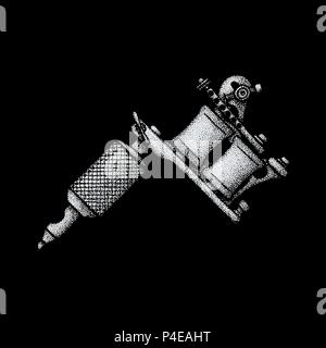 vector monochrome white retro dot art hand drawn tattoo machine blackwork design vintage tattoo style decoration isolated illustration black backgroun Stock Vector
