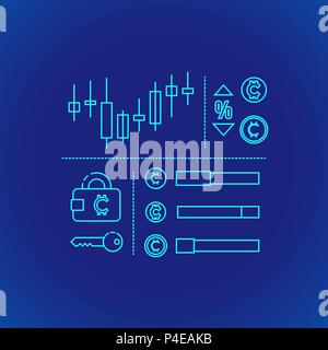 vector cyan outline design blockchain cryptocurrency exchange trading principle explain scheme illustration icon isolated blue background Stock Vector