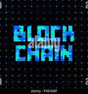 vector vibrant blue green colored flat puzzle design peer-to-peer distributed database blockchain technology decoration background isolated black back Stock Vector