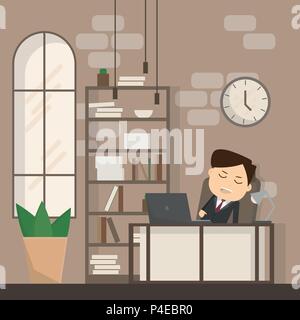 Businessman falling asleep at his work, business concept in sleeping, dozing, relaxing, take a break or lazy at working. Sleeping man in office. vecto Stock Vector