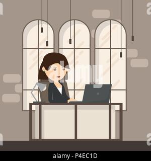 Office workplace with table, window. Business woman or a clerk working at her office desk. Vector flat illustration Stock Vector