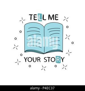 open book icon, freehand calligraphic line, vector - tell me your story - print for t-shirt Stock Vector