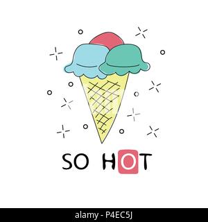 Hand drawn label with textured ice cream cone vector illustration and so hot text Stock Vector