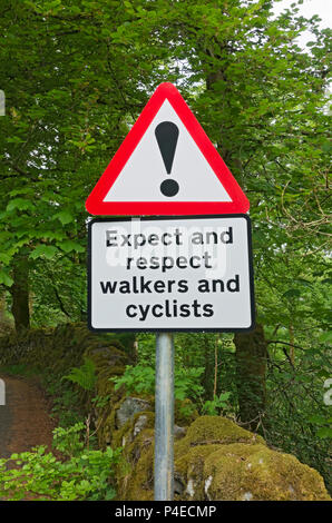 Close up of walkers and cyclists road warning sign England UK United Kingdom GB Great Britain Stock Photo