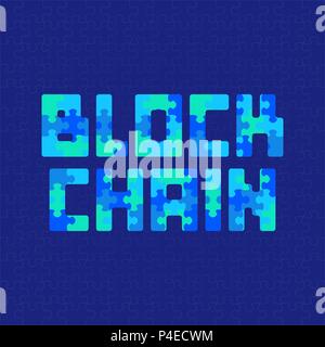 vector vibrant cyan green colored flat puzzle design peer-to-peer distributed database blockchain technology decoration background isolated dark blue  Stock Vector