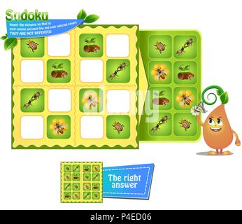Sudoku game for children with pictures insects. Kids activity sheet. Training logic, educational game Stock Vector