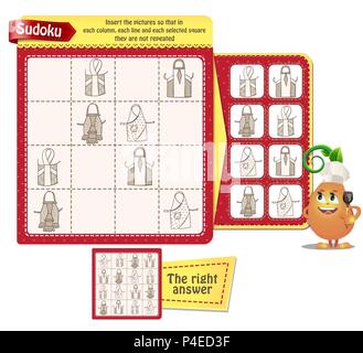 Sudoku game for children with pictures kitchen aprons. Kids activity sheet. Training logic, educational game Stock Vector