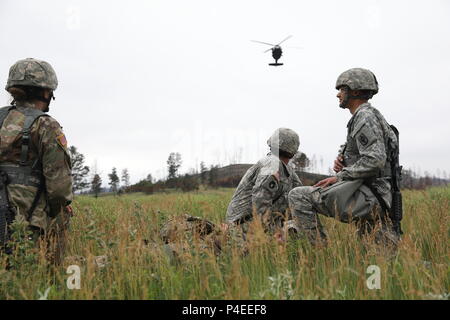 U.S. Army Medics from the 1077th Medical Company (Ground Ambulance), Kansas Army National Guard, wait with a simulated casualty for a HH-60M MEDEVAC Black Hawk Helicopter to land, during a Mass Casualty Training event in support of Golden Coyote, Custer State Park, S.D., June 16, 2018. The Golden Coyote exercise is a three-phase, scenario-driven exercise conducted in the Black Hills of South Dakota and Wyoming, which enables commanders to focus on mission essential task requirements, warrior tasks and battle drills. (U.S. Army photo by Sgt. Gary Silverman) Stock Photo