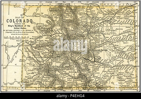 Colorado Antique Map 1891: Map of Colorado from an 1891 Guidebook. Map is from a guidebook to the Untied States by Moses King: 'King's Hand-book of the United States.' Date of Publishing: 1891. Moses King (1853 1909) was an American editor and publisher of travel books. Stock Photo