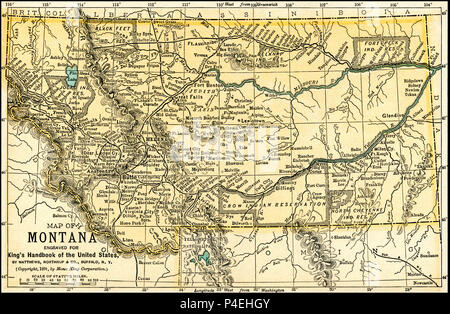 Montana Antique Map 1891: Map of Montana from an 1891 guidebook: 'King's Hand-Book of the United States.' Date of Publishing: 1891. Moses King (1853 1909) was an American editor and publisher of travel books. Stock Photo