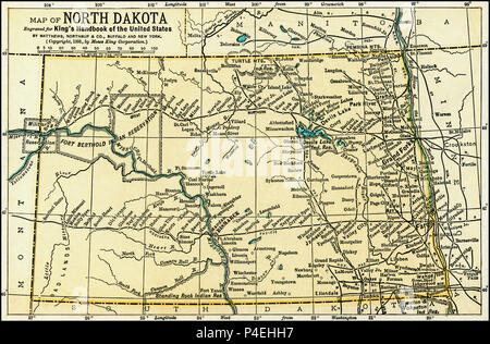 From North Dakota Antique Map 1891: Map of North Dakota (just before statehood) from an 1891 guidebook: 'King's Hand-Book of the United States.' Date of Publishing: 1891. Moses King (1853 1909) was an American editor and publisher of travel books. King's Handbook of the Untied States 1891 Stock Photo