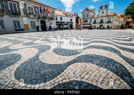 Wide angle close up of Portuguese tiles at 5 de Outubro square in the historic centre of Cascais Stock Photo