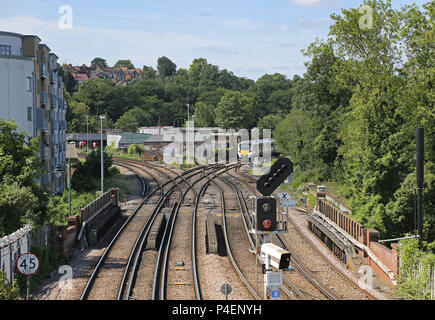 Railway junction west of Tulse Hill Station in south London, UK. Part of the suburban rail network. Shows a new Thameslink train approaching. Stock Photo