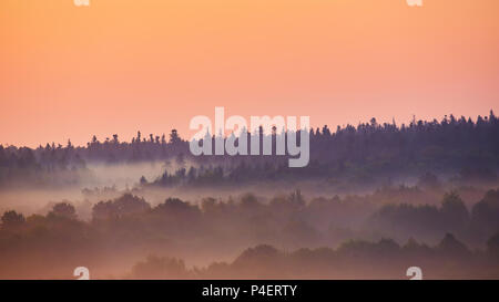 Misty morning of hilly area with ray of light. Stock Photo