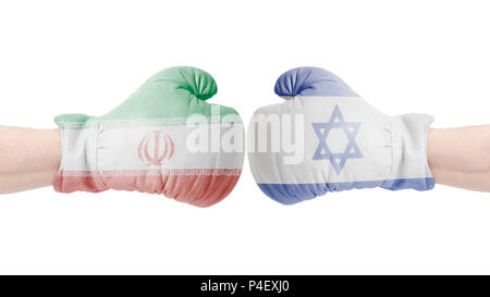 Boxing gloves with Israel and Iran flag.Israel vs Iran concept isolated on a white background Stock Photo