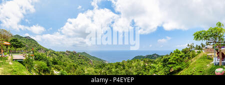 Panorama high angle view beautiful nature landscape blue sea at Aow leuk bay under the summer sky from viewpoint on Koh Tao island is a famous tourist Stock Photo