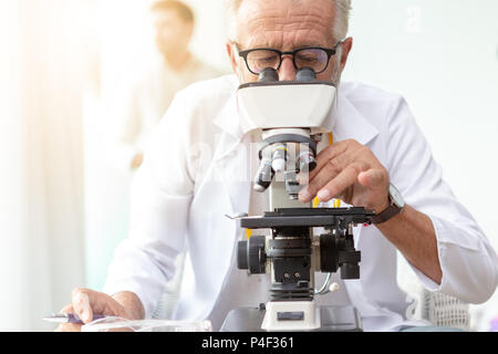 Doctor older or seriously scientist working with a microscope in Laboratory. Stock Photo