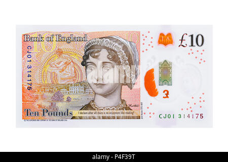 New Ten Pound Note Reverse with Jane Austin, UK, Cut Out Stock Photo