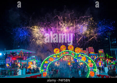 Fireworks during the lanterns at River Hongbao celebration in Singapore Stock Photo