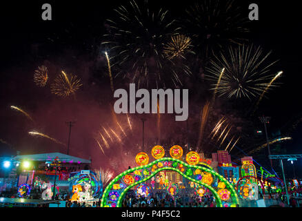 Fireworks during the lanterns at River Hongbao celebration in Singapore Stock Photo