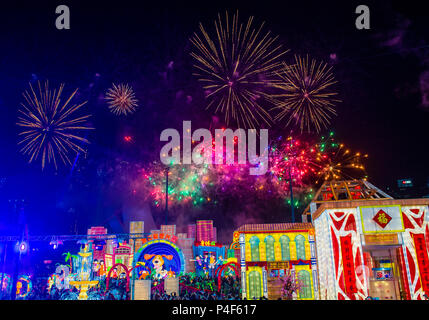 Fireworks during the lanterns at River Hongbao celebration in Singapore Stock Photo