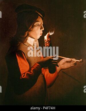 Young Man Lighting his Pipe - 17th century - 76x59 cm - oil on canvas - French baroque. Author: Georges de La Tour (1593-1652). Location: MUSEUM OF FINE ARTS, NANCY. Also known as: JOVEN FUMANDO; LE JEUNE FUMEUR. Stock Photo