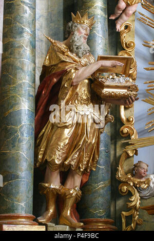 Biblical Magi Melchior statue on the altar in the Baroque Church of Our Lady of the Snow in Belec, Croatia Stock Photo