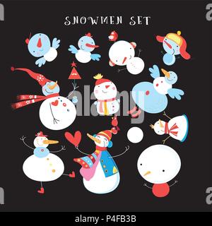 Vector New Year's winter set of different snowmen on a dark background. An example of design for business cards. Stock Vector
