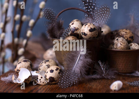 Quail eggs and feathers in small buckets of vintage. Branch of the willow tree. Spring decor and Easter. Dark background and space for text. Copy the space. Stock Photo