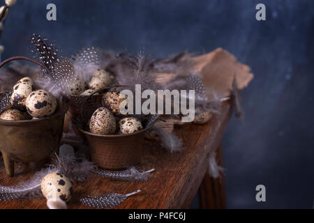 Quail eggs and feathers in small buckets of vintage. Branch of the willow tree. Spring decor and Easter. Dark background and space for text. Copy the space Stock Photo