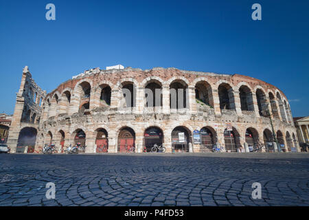 Verona, Italy – May 26, 2017: Outside view of Verona Arena from Piazza Bra, an ancient roman amphitheatre (Arena di Verona) Stock Photo