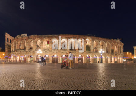 Verona, Italy – May 26, 2017: Outside view of Verona Arena from Piazza Bra, an ancient roman amphitheatre (Arena di Verona)