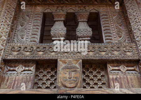 Vashisht, India - May 27, 2017: Traditional wooden carving on the hindu temple in Vashisht village in Kullu valley, Himachal Pradesh, India Stock Photo