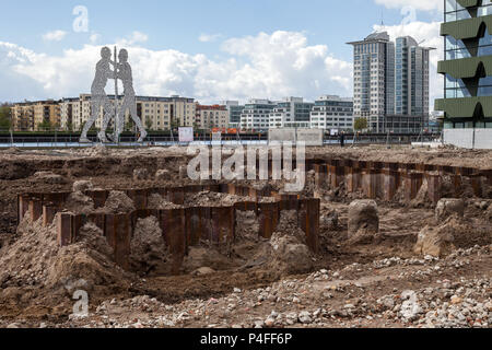 Berlin, Germany, foundation work for a new building in the former East Harbor in Berlin-Friedrichshain Stock Photo