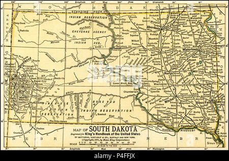 South Dakota Antique Map 1891  Antique Map of South Dakota: From an 1891 guidebook: 'King's Hand-Book of the United States.' Date of Publishing: 1891. Moses King (1853 1909) was an American editor and publisher of travel books. Stock Photo