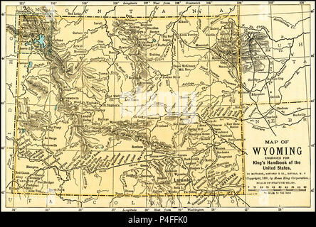Wyoming Antique Map 1891: Map of Wyoming from an 1891 guidebook: 'King's Hand-Book of the United States.' Date of Publishing: 1891. Moses King (1853 1909) was an American editor and publisher of travel books. Stock Photo