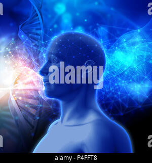 3D render of a medical background with DNA strands and male head Stock Photo