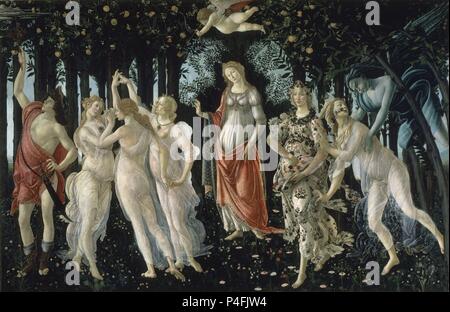 'Primavera (Spring)', c. 1482, Tempera on panel, 203 x 314 cm, After restoration. Author: Sandro Botticelli (1445-1510). Location: GALERIA DE LOS UFFIZI, FLORENZ. Stock Photo