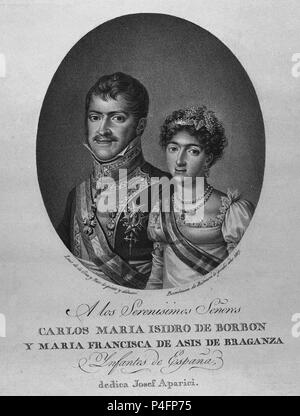 CARLOS MARIA ISIDRO DE BORBON Y MARIA FRANCISCA DE ASIS DE BRAGANZA INFANTES DE ESPAÑA. Author: Luis de la Cruz y Ríos (1776-1853). Location: MUSEO DE HISTORIA-GRABADOS BLANCO Y NEGRO, MADRID, SPAIN.
