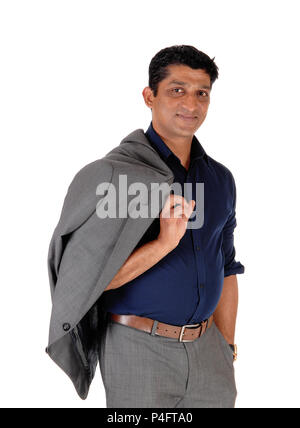 A young east Indian business man standing in a gray suit with his jacket over his shoulder, isolated for white background Stock Photo