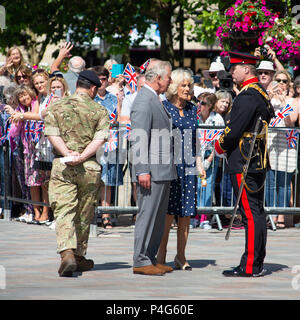 Salisbury, Wiltshire, UK, 22nd June 2018. HRH Prince Charles, the Prince of Wales and Camilla, Duchess of Cornwall visit Salisbury. The royal couple’s visit is to support the city’s recovery where visitor numbers have fallen and businesses suffered after the nerve agent attack in March 2018.