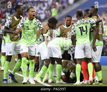Volgograd, Russia. 22nd June, 2018. Players of Nigeria celebrate scoring during the 2018 FIFA World Cup Group D match between Nigeria and Iceland in Volgograd, Russia, June 22, 2018. Credit: Lui Siu Wai/Xinhua/Alamy Live News Stock Photo