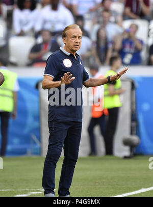 Volgograd, Russia. 22nd June, 2018. Head coach Gernot Rohr of Nigeria reacts during the 2018 FIFA World Cup Group D match between Nigeria and Iceland in Volgograd, Russia, June 22, 2018. Credit: He Canling/Xinhua/Alamy Live News Stock Photo