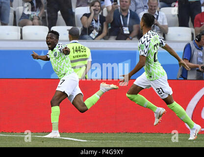 Volgograd, Russia. 22nd June, 2018. Ahmed Musa (L) of Nigeria celebrates scoring during the 2018 FIFA World Cup Group D match between Nigeria and Iceland in Volgograd, Russia, June 22, 2018. Credit: He Canling/Xinhua/Alamy Live News Stock Photo