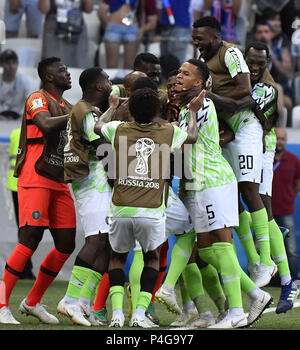 Volgograd, Russia. 22nd June, 2018. Players of Nigeria celebrate Ahmed Musa's goal during the 2018 FIFA World Cup Group D match between Nigeria and Iceland in Volgograd, Russia, June 22, 2018. Credit: He Canling/Xinhua/Alamy Live News Stock Photo