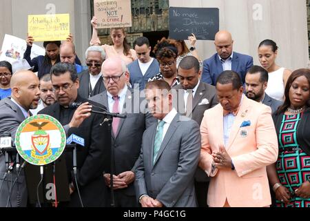 New York,  NY USA. 22nd. Jun, 2018.  Bronx Borough President Ruben Diaz Jr.  address the audience at the prayer virgil and rally that he  hosted  on the steps of the Bronx County House to both demand that immigrant children taken at the southern border that are being housed in The Bronx and elsewhere in the city are immediately returned to their parents by the Trump Administration and call for much-needed immigration reforms. © 2018 G. Ronald Lopez/DigiPixsAgain.us/Alamy Live News Stock Photo