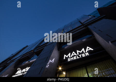 BELGRADE, SERBIA - JUNE 16, 2018: Logo of Mama Shelter on their newly opened hotel in Belgrade. Mama Shelter is a luxury hispter hotel brand from Fran Stock Photo