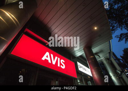 BELGRADE, SERBIA - JUNE 16, 2018: Logo of Avis on their main office for Belgrade. Avis is a car rental company from the USA spread worldwide  Picture  Stock Photo