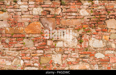 Old wall with bricks, stone blocks and plants as background Stock Photo